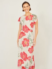 Yumi Cream Poppy Print Midi Mesh Dress - Image 3 of 5