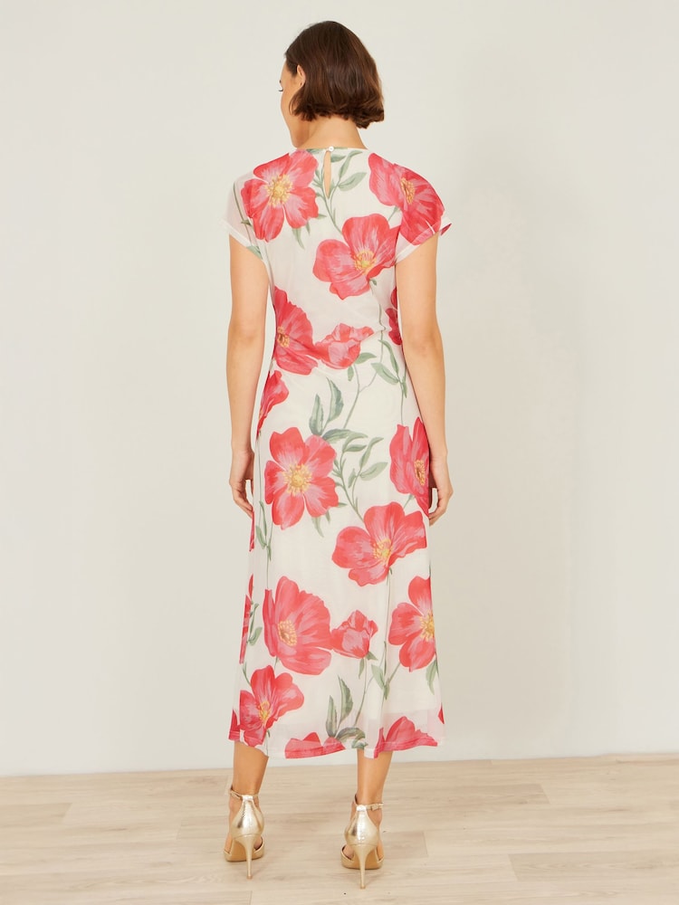Yumi Cream Poppy Print Midi Mesh Dress - Image 5 of 5