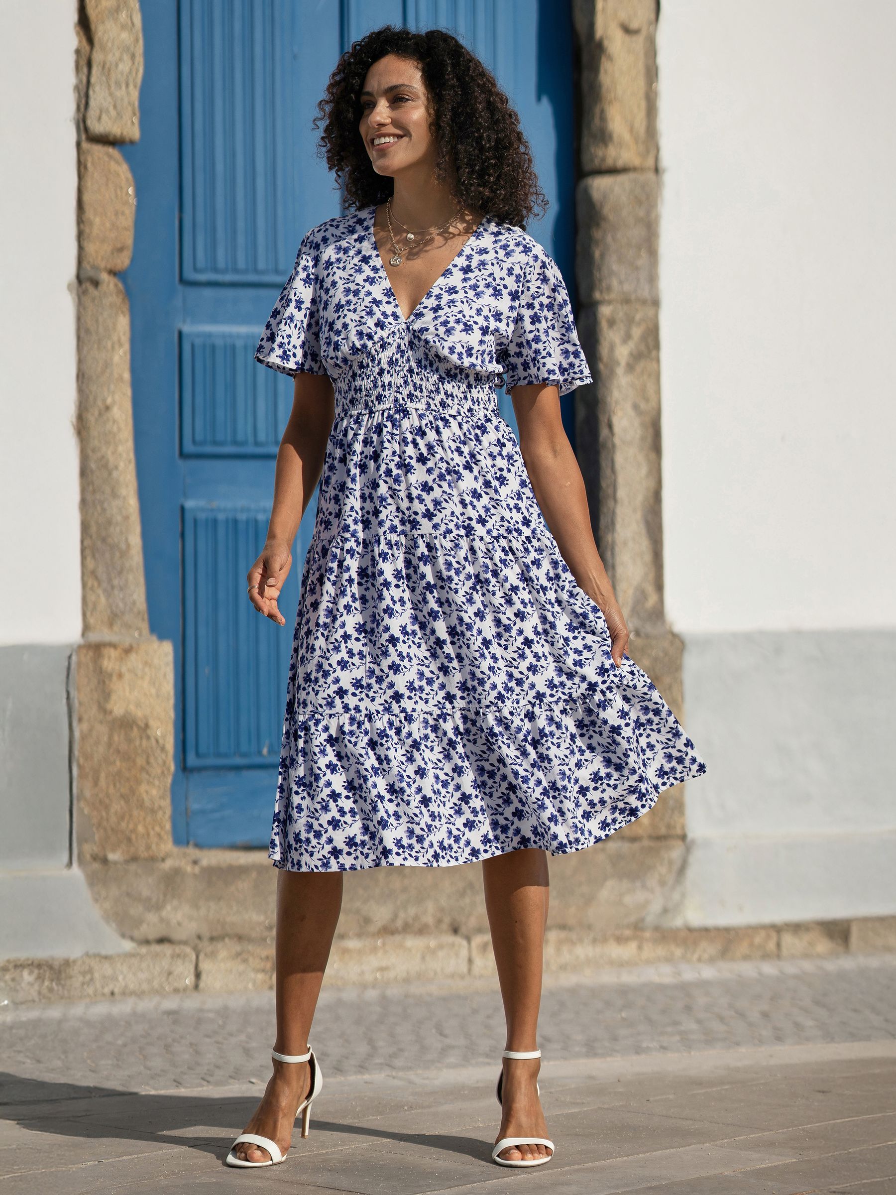 Buy Yumi White Floral Ruched Waist Midi Dress With Angel Sleeves