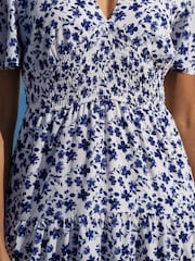 Yumi White Floral Ruched Waist Midi Dress With Angel Sleeves - Image 4 of 5