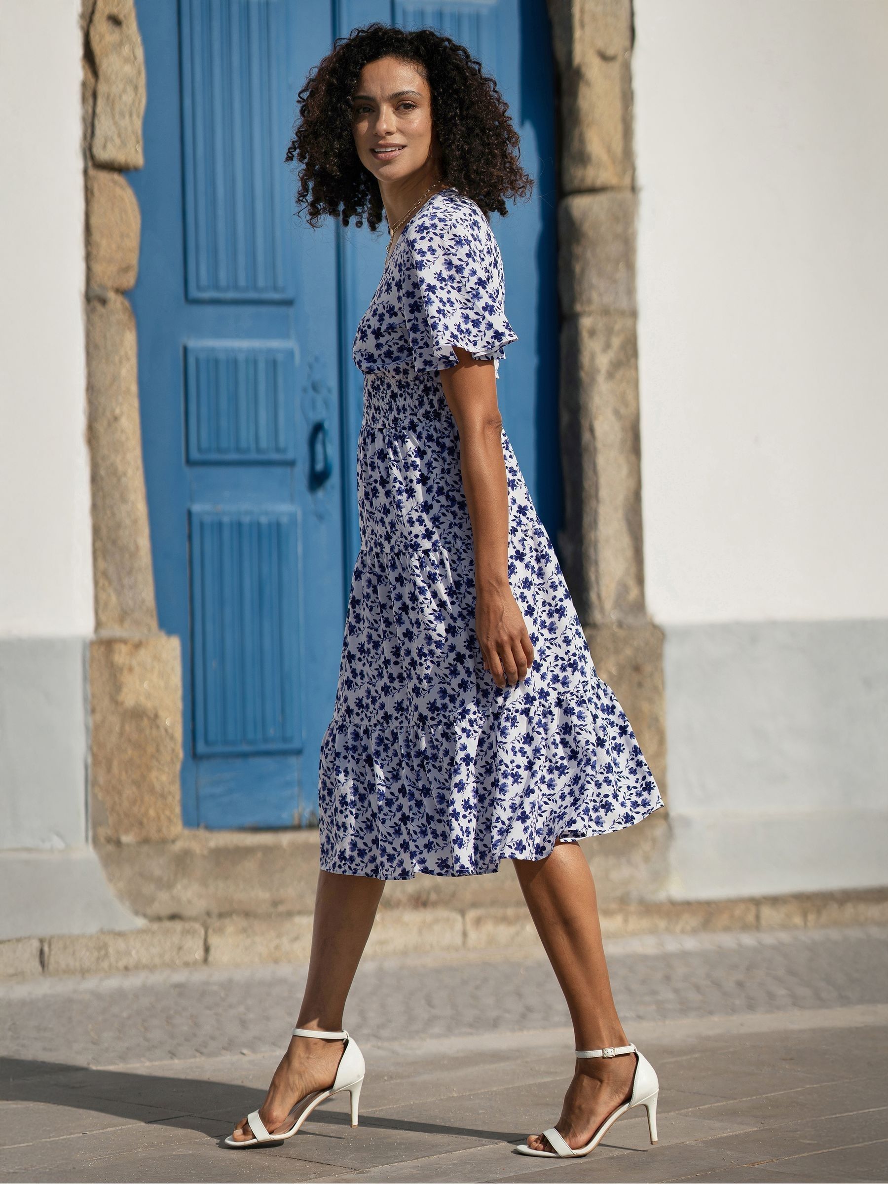 Buy Yumi White Floral Ruched Waist Midi Dress With Angel Sleeves
