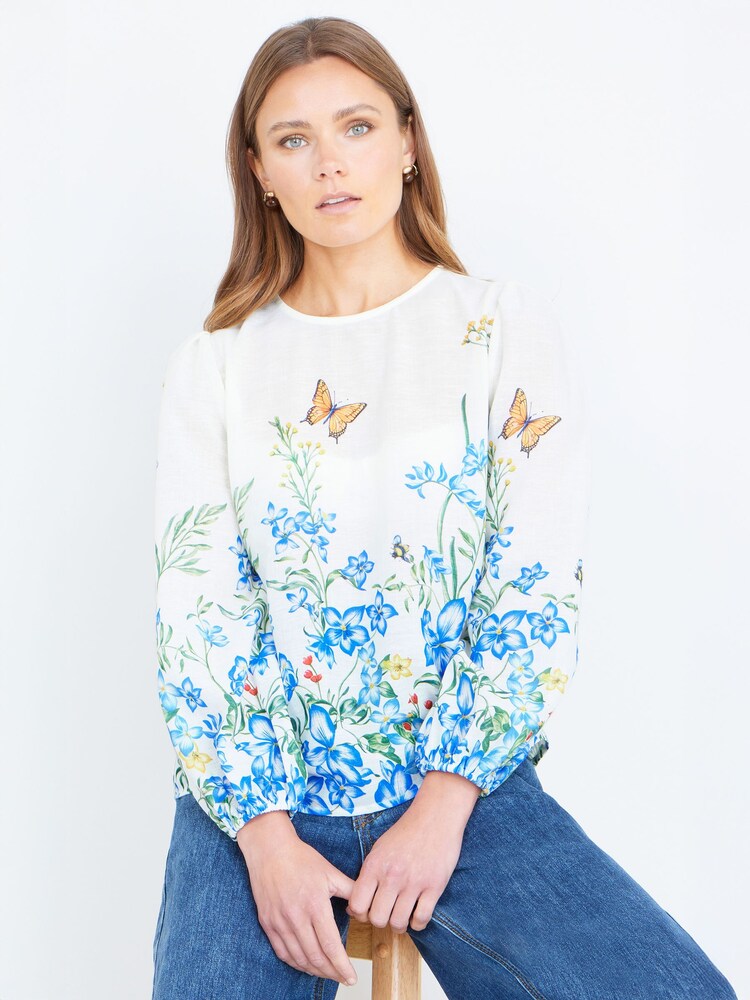 Yumi White Butterfly Print Long Sleeve Top - Image 1 of 5
