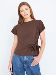 Yumi Brown Cotton Jersey Top With Knot Detail - Image 1 of 5