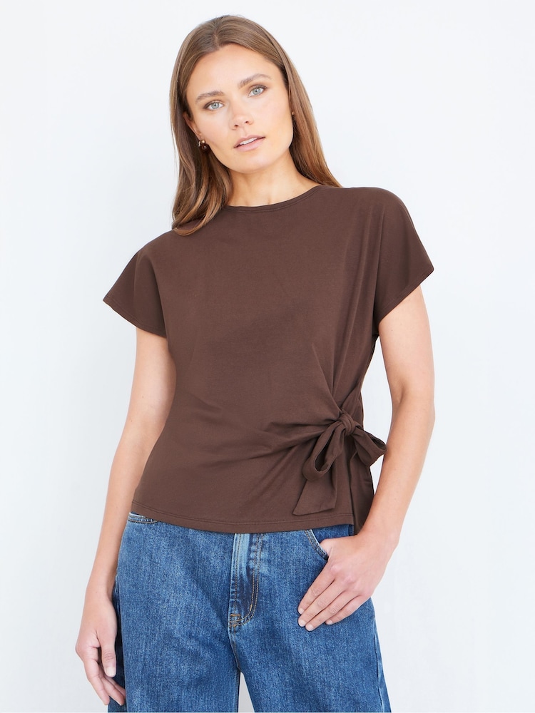 Yumi Brown Cotton Jersey Top With Knot Detail - Image 1 of 5
