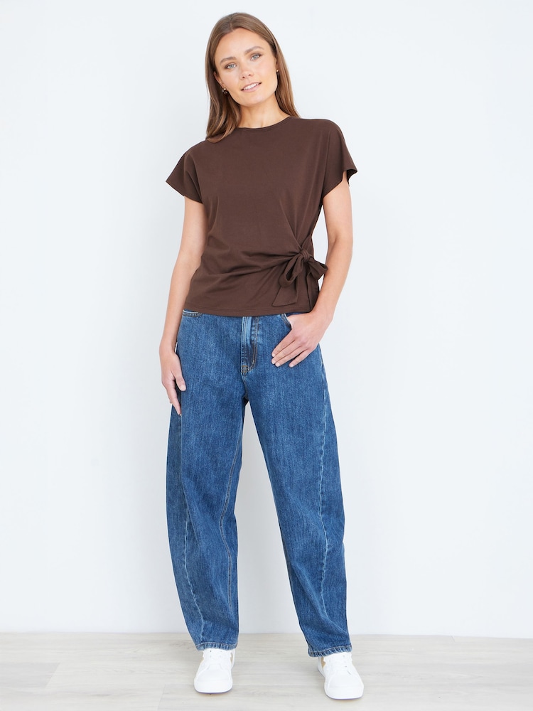 Yumi Brown Cotton Jersey Top With Knot Detail - Image 2 of 5