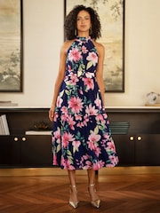Yumi Blue Floral Halter Neck Midi Dress With Matching Belt - Image 1 of 5