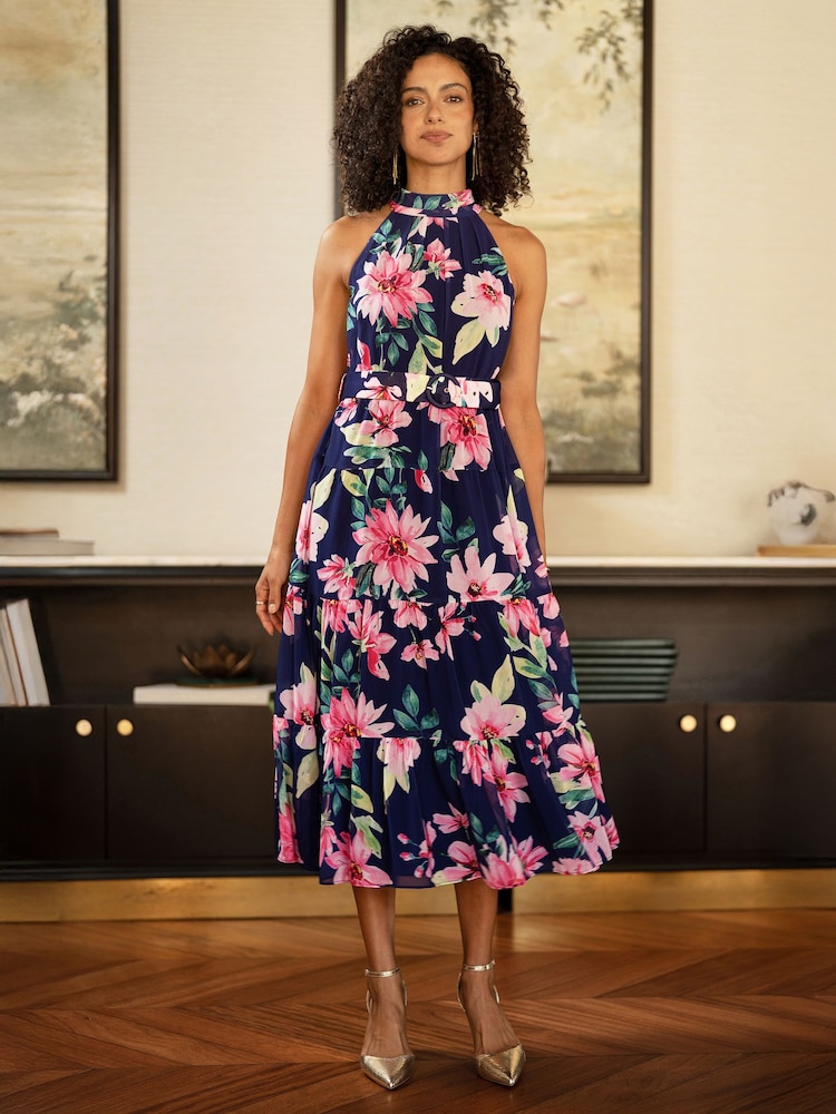 Yumi Blue Floral Halter Neck Midi Dress With Matching Belt - Image 1 of 5