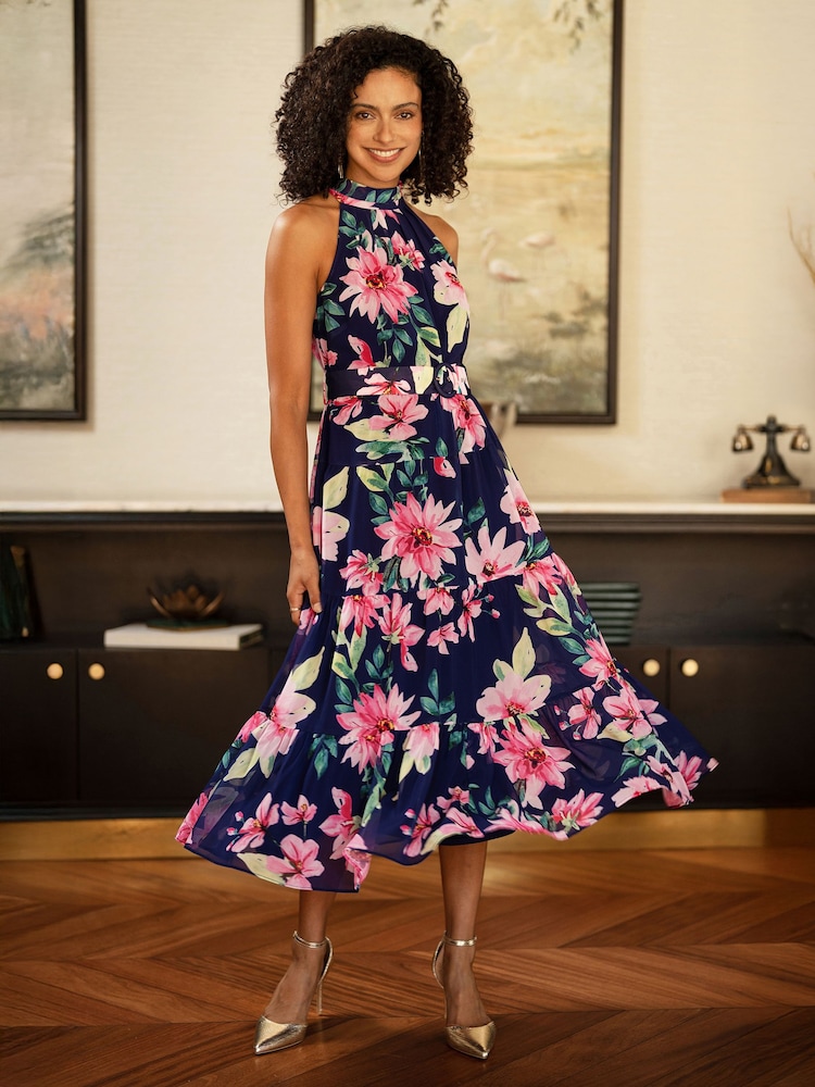 Yumi Blue Floral Halter Neck Midi Dress With Matching Belt - Image 2 of 5