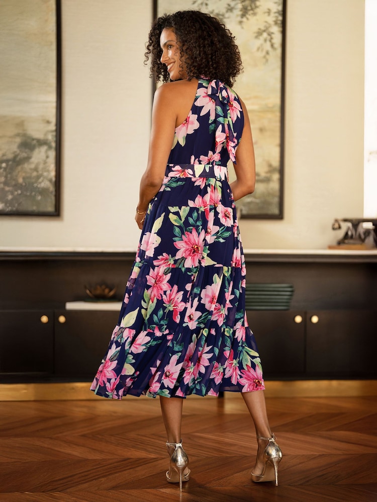Yumi Blue Floral Halter Neck Midi Dress With Matching Belt - Image 5 of 5