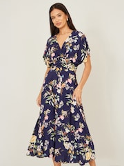 Yumi Blue Viscose Floral Print Midi Dress With Ruched Waist - Image 1 of 5