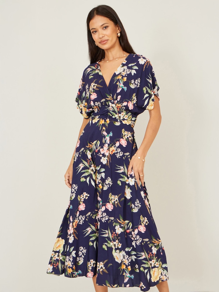 Yumi Blue Viscose Floral Print Midi Dress With Ruched Waist - Image 1 of 5