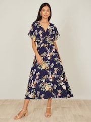 Yumi Blue Viscose Floral Print Midi Dress With Ruched Waist - Image 2 of 5