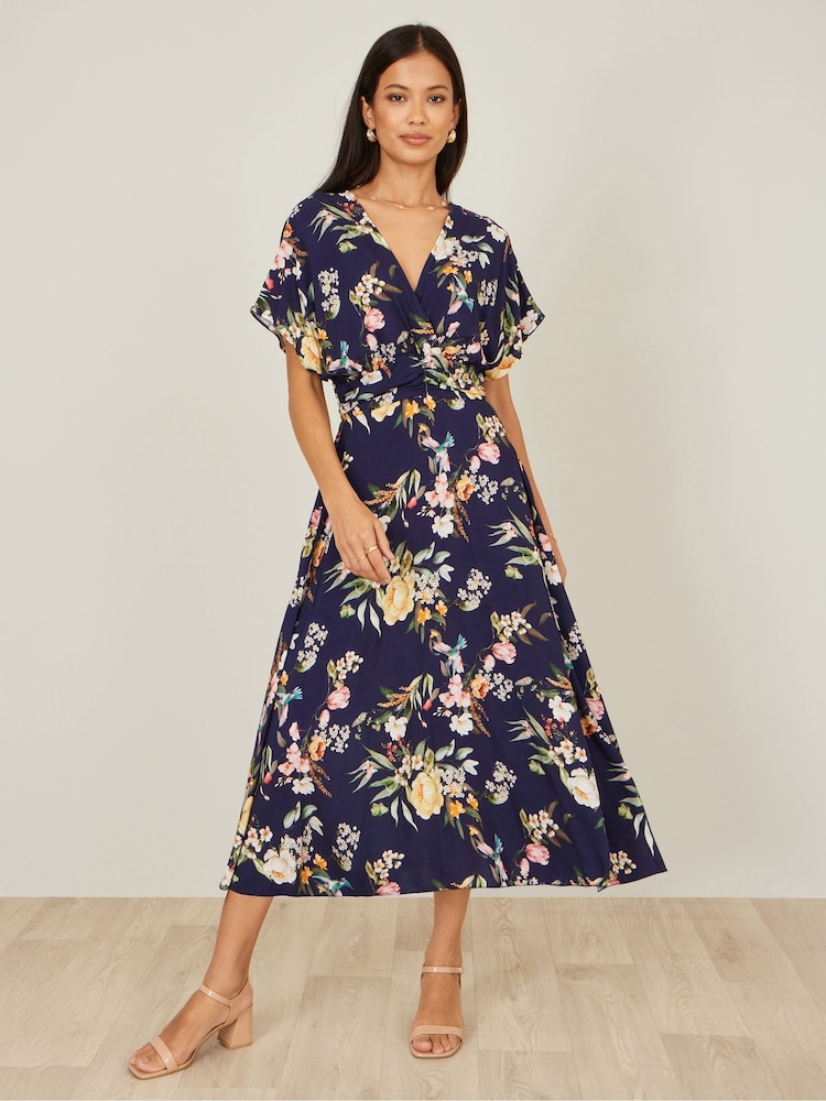Yumi Blue Viscose Floral Print Midi Dress With Ruched Waist - Image 2 of 5