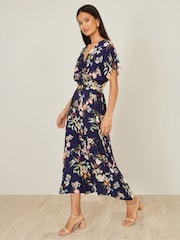 Yumi Blue Viscose Floral Print Midi Dress With Ruched Waist - Image 3 of 5