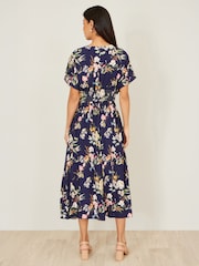 Yumi Blue Viscose Floral Print Midi Dress With Ruched Waist - Image 5 of 5