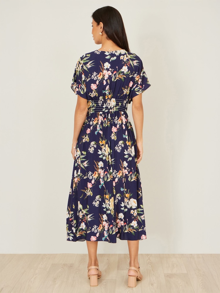 Yumi Blue Viscose Floral Print Midi Dress With Ruched Waist - Image 5 of 5