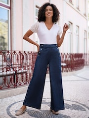 Yumi Blue Chambray Wide Leg Trousers With Button Details - Image 1 of 5