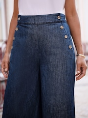 Yumi Blue Chambray Wide Leg Trousers With Button Details - Image 4 of 5