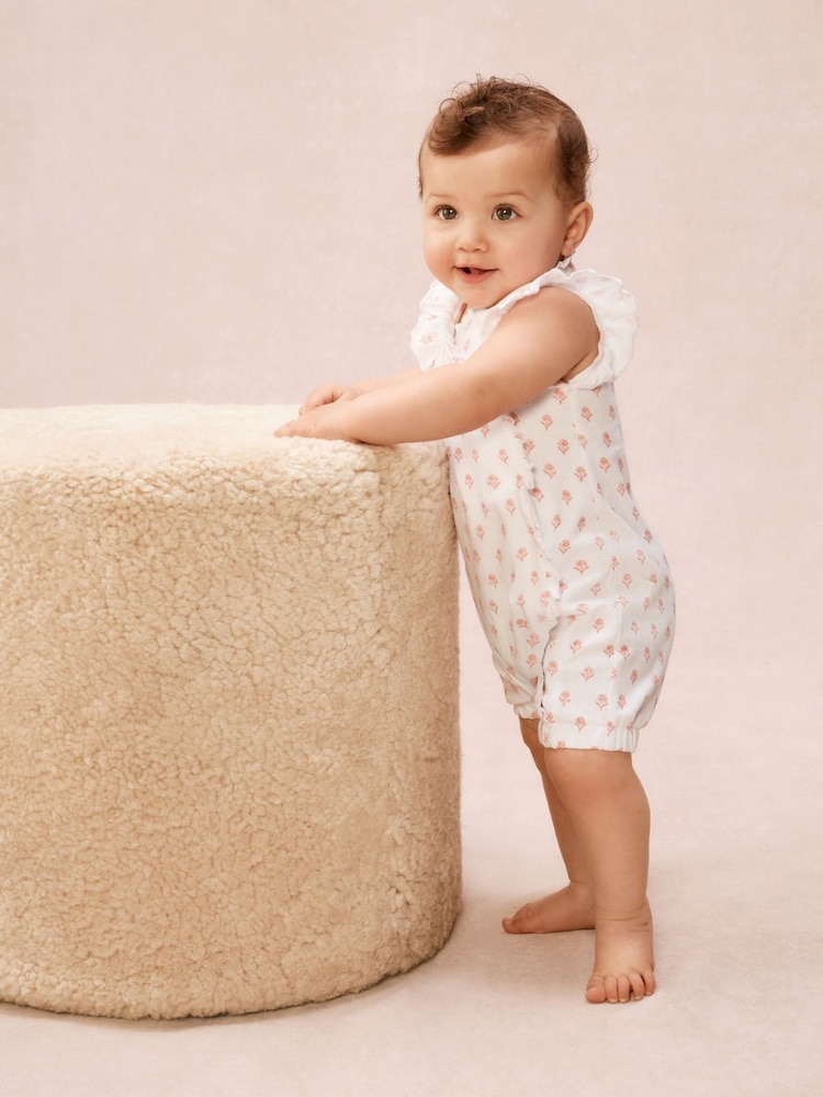 The White Company Pink Cotton Frill Wrap Daisy Block Print Rompersuits - Image 1 of 5
