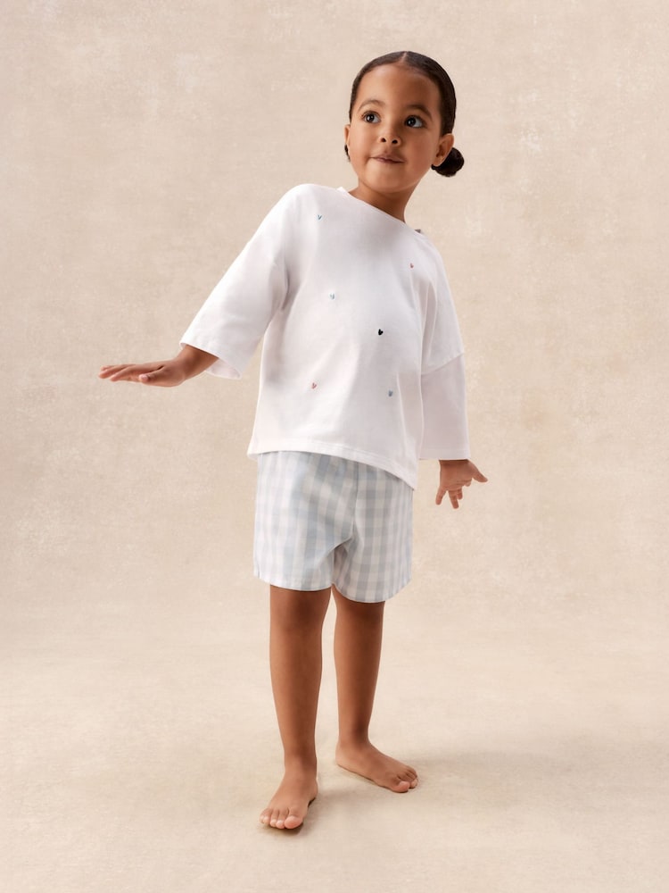 The White Company White Cotton Blend Heart & Gingham Relaxed Shortie Top & Shorts Set - Image 1 of 5 The White Company White Cotton Blend Heart & Gingham Relaxed Shortie Top & Shorts Set - Image 1 of 5