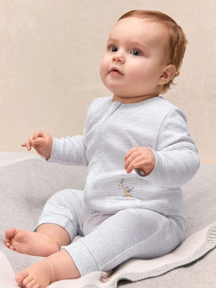The White Company White Cotton Stripe Party Animal Embroidered Pocket Sleepsuit - Image 1 of 4