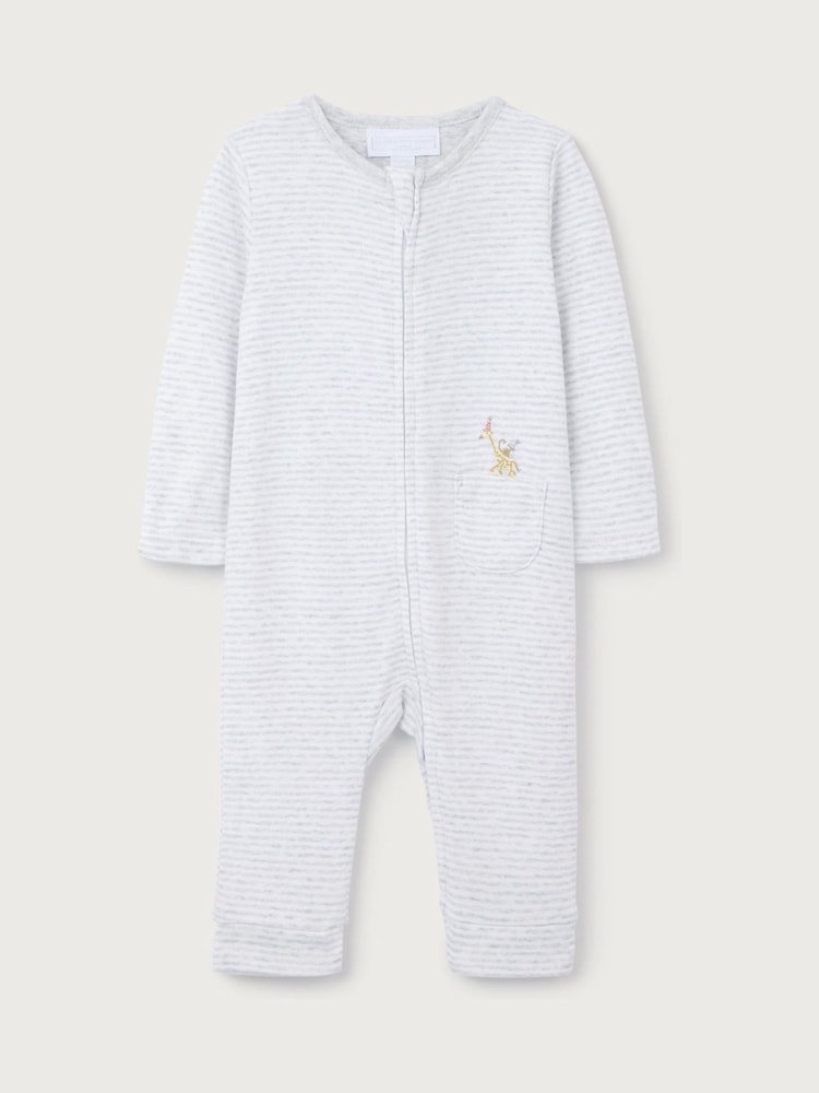 The White Company White Cotton Stripe Party Animal Embroidered Pocket Sleepsuit - Image 4 of 4