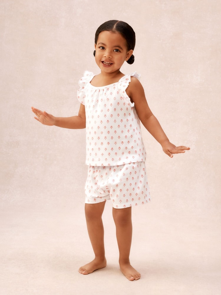 The White Company Pink Cotton Frill Sleeve Block Print Relaxed Pyjamas - Image 1 of 5