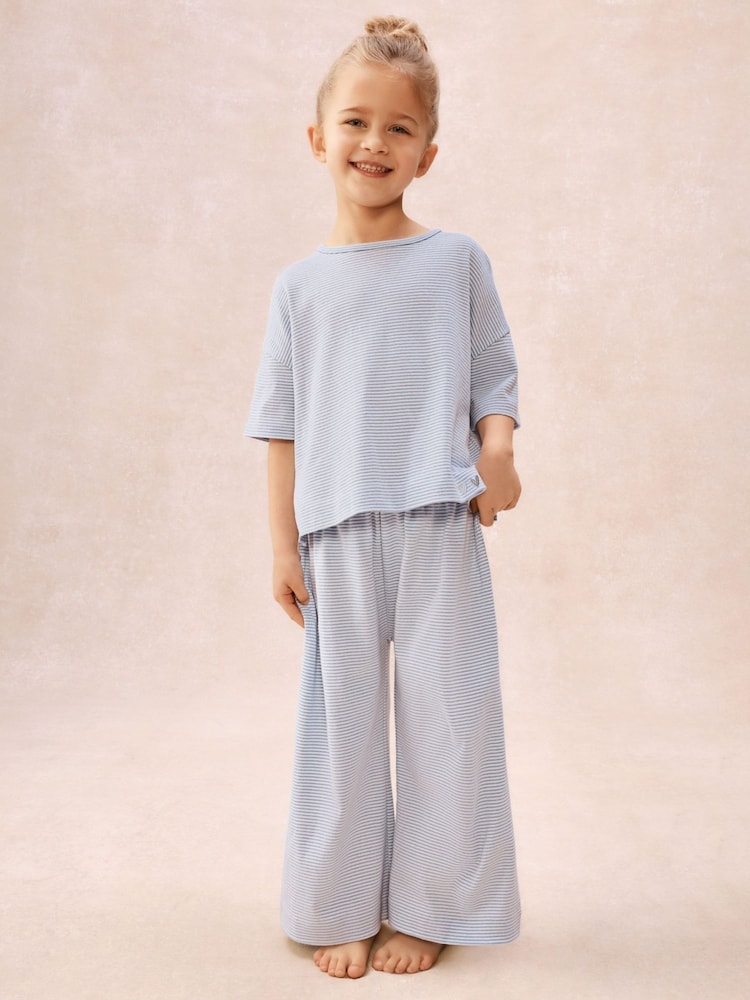 The White Company Blue Cotton Blend Heart & Stripe Wide Leg Pyjamas - Image 2 of 5