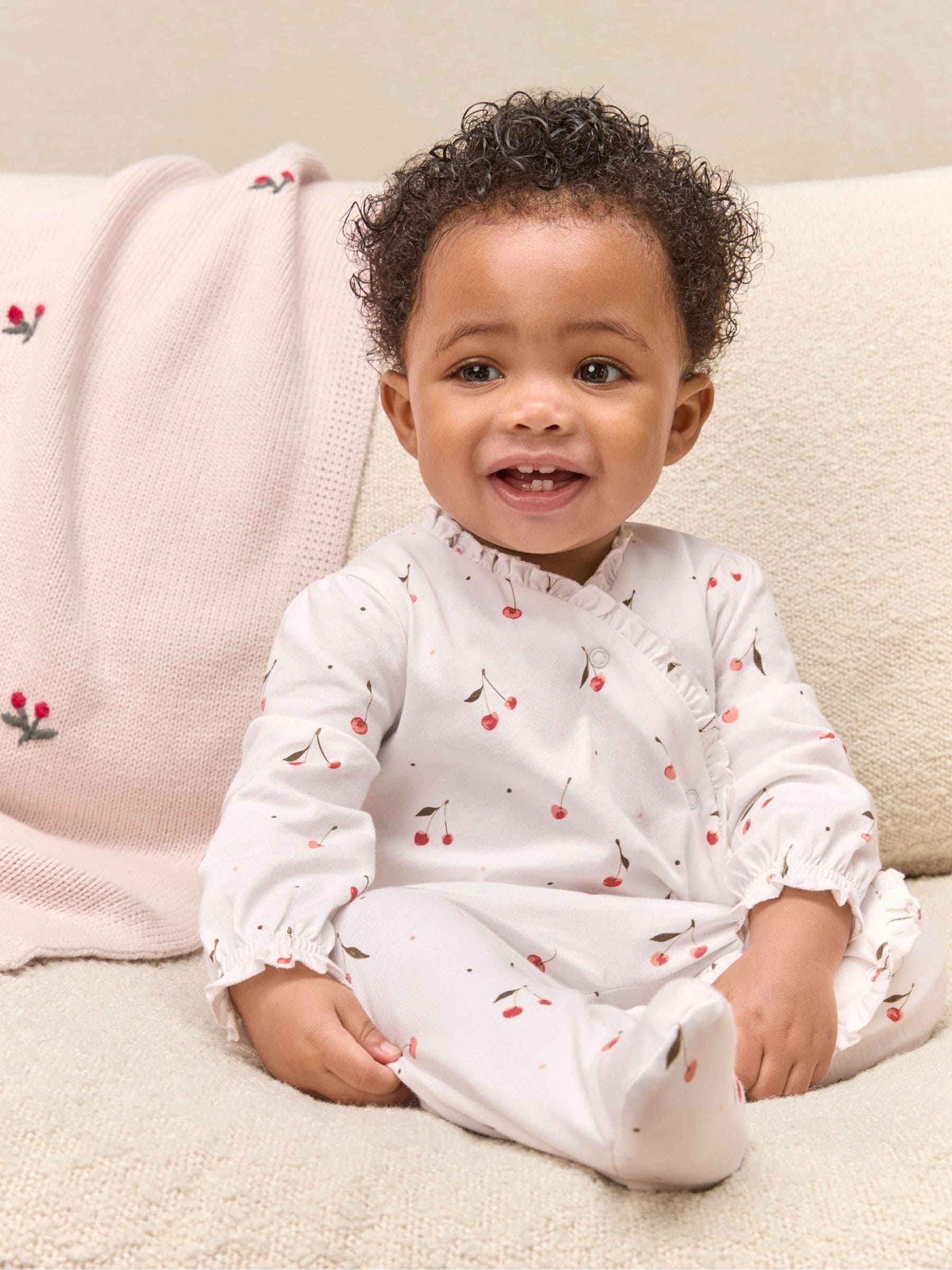 Buy The White Company Pink Cotton Cherry Frill Wrap Sleepsuit from
