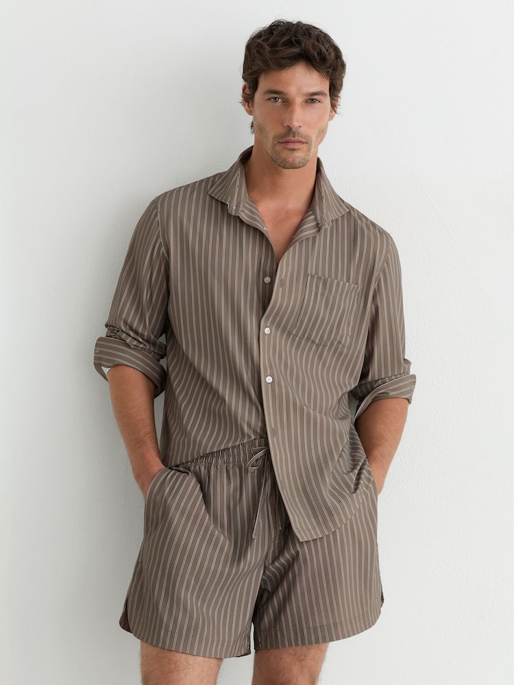 Reiss Taupe Brown Victor Stripe Drawstring Shorts - Image 1 of 6 Reiss Taupe Brown Victor Stripe Drawstring Shorts - Image 1 of 6