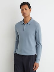 Reiss Armour Blue Trafford Merino Wool Long-Sleeve Polo Shirt - Image 4 of 6