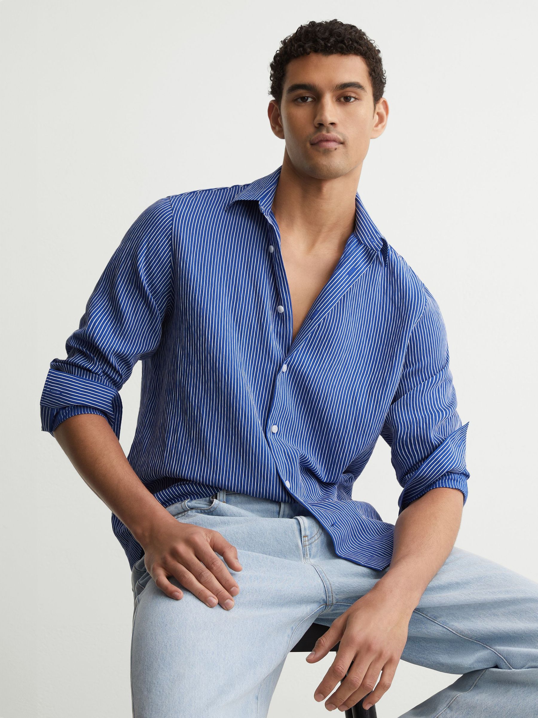 Buy Reiss Blue/White Boone Pinstripe Long-Sleeve Regular-Fit Shirt
