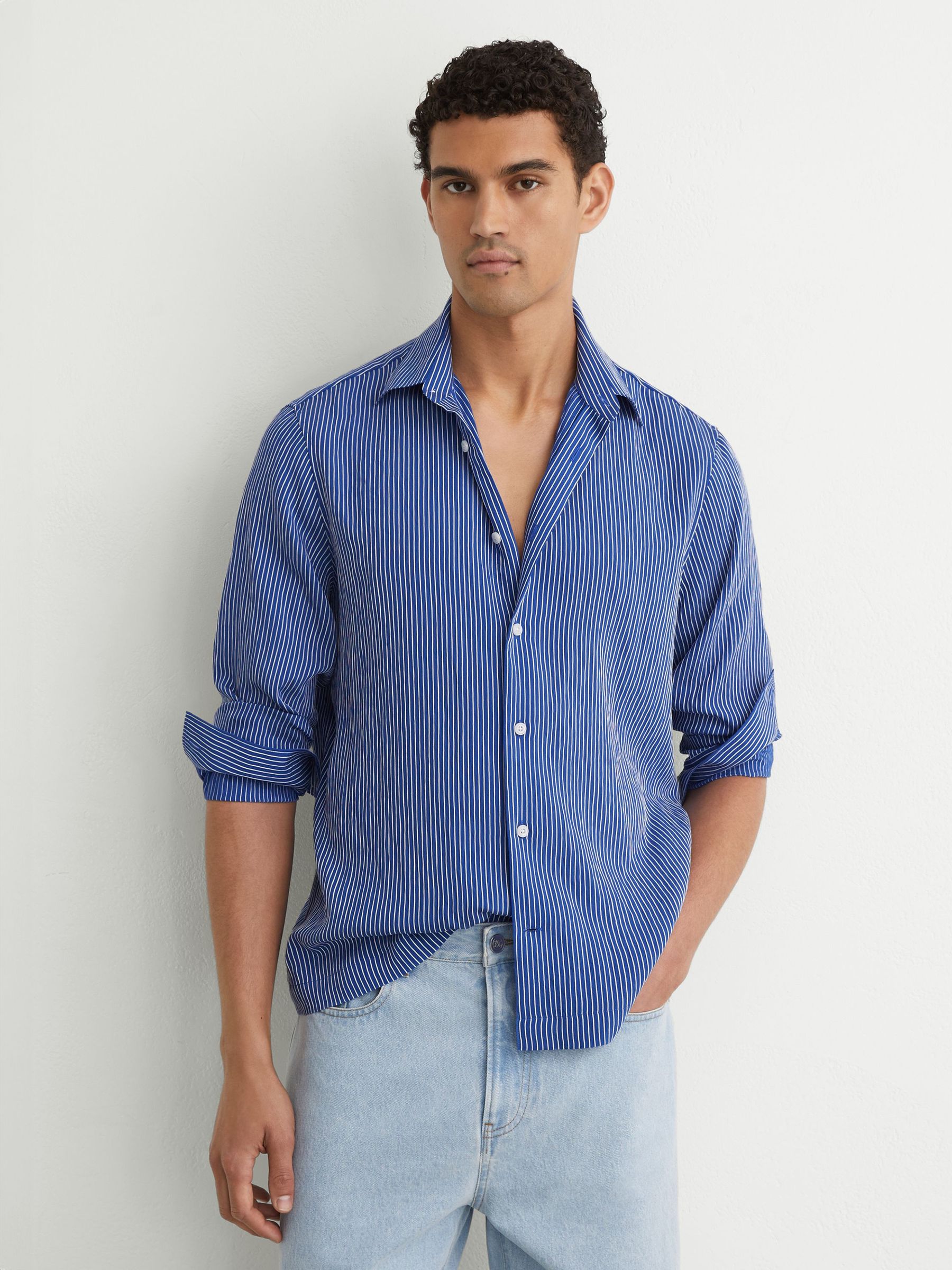 Buy Reiss Blue/White Boone Pinstripe Long-Sleeve Regular-Fit Shirt