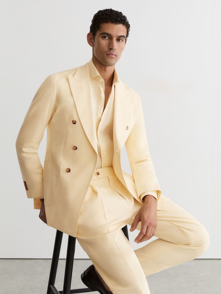 Reiss Buttermilk Yellow Honey Cotton Double-Breasted Classic-Fit Blazer - Image 1 of 7