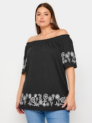Yours Curve Black 100% Cotton Embroidered Detail Bardot Top - Image 1 of 5