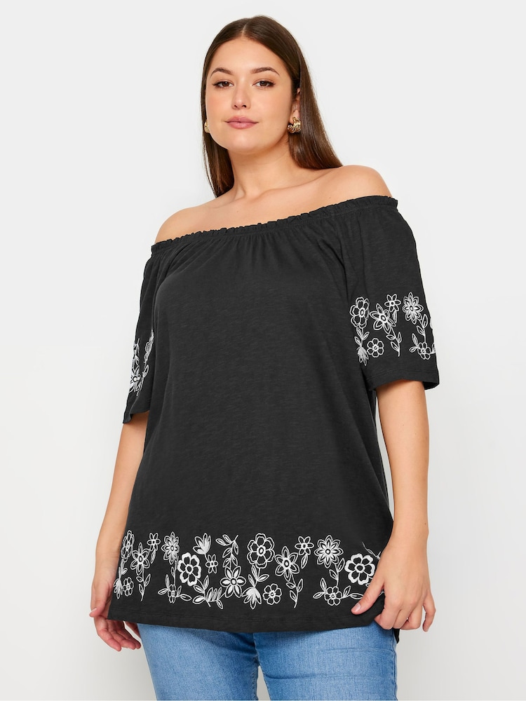 Schwarz - Yours Curve Bardot-Top mit Stickereidetail aus 100 % Baumwolle - Bild 1 von 5 Schwarz - Yours Curve Bardot-Top mit Stickereidetail aus 100 % Baumwolle - Bild 1 von 5