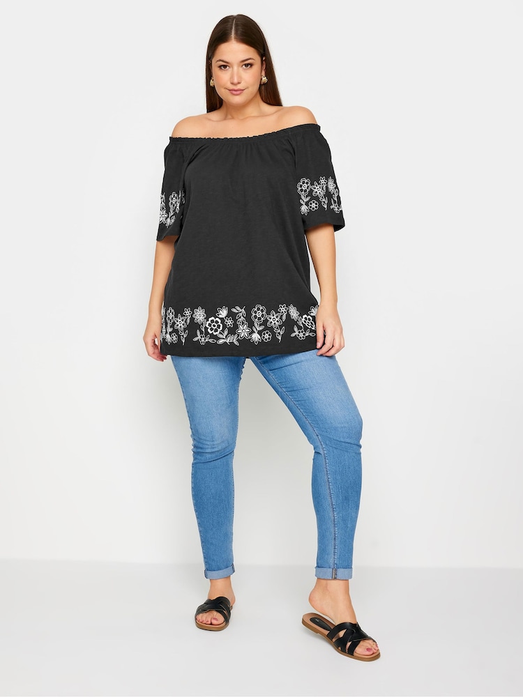 Schwarz - Yours Curve Bardot-Top mit Stickereidetail aus 100 % Baumwolle - Bild 2 von 5 Schwarz - Yours Curve Bardot-Top mit Stickereidetail aus 100 % Baumwolle - Bild 2 von 5