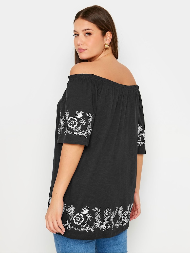 Yours Curve Black 100% Cotton Embroidered Detail Bardot Top - Image 3 of 5