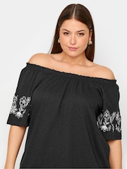 Yours Curve Black 100% Cotton Embroidered Detail Bardot Top - Image 4 of 5
