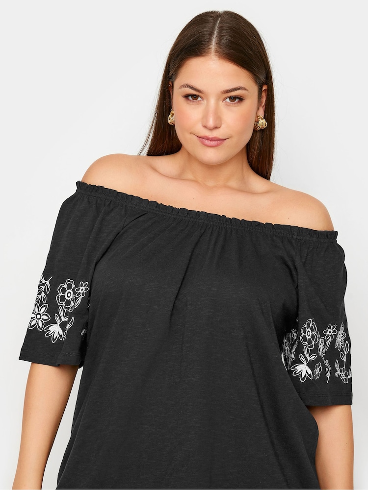 Yours Curve Black 100% Cotton Embroidered Detail Bardot Top - Image 4 of 5