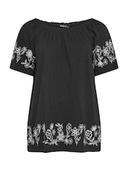 Yours Curve Black 100% Cotton Embroidered Detail Bardot Top - Image 5 of 5