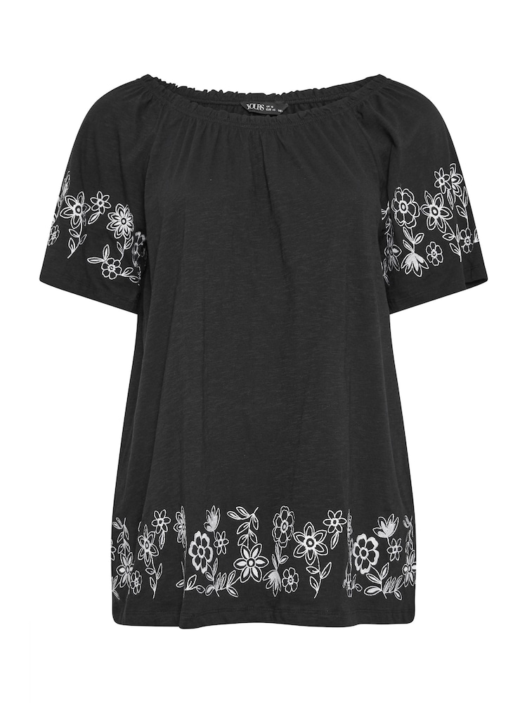 Yours Curve Black 100% Cotton Embroidered Detail Bardot Top - Image 5 of 5