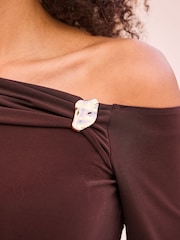 Sosandar Brown Gold Detail Off The Shoulder Top - Image 4 of 5