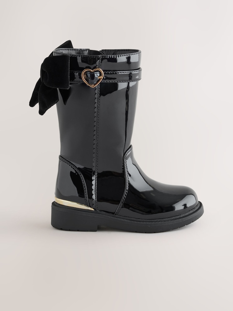 Black Patent Bow Detail Tall Boots - Image 2 of 5