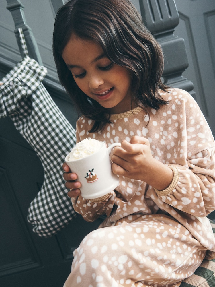 Neutral Deer Print Fleece Cosy Pyjamas (3-16yrs) - Image 1 of 4 Neutral Deer Print Fleece Cosy Pyjamas (3-16yrs) - Image 1 of 4