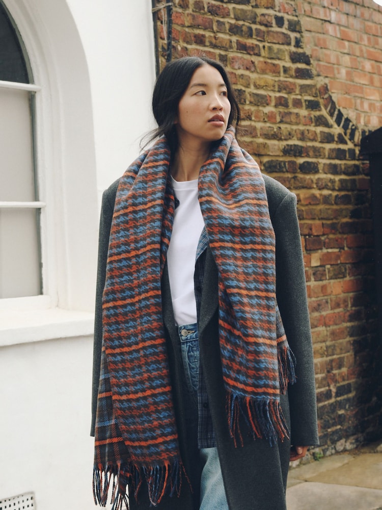 Brown/Blue Check Print - Ortaçəkili Scarf - 10şəkildən 2 şəkil