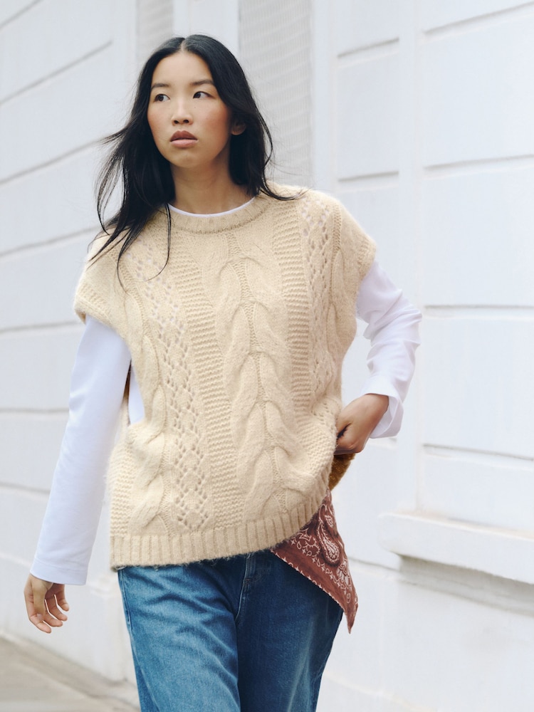 Ecru Cream Pointelle Cable Knitted Tank - Image 1 of 7
