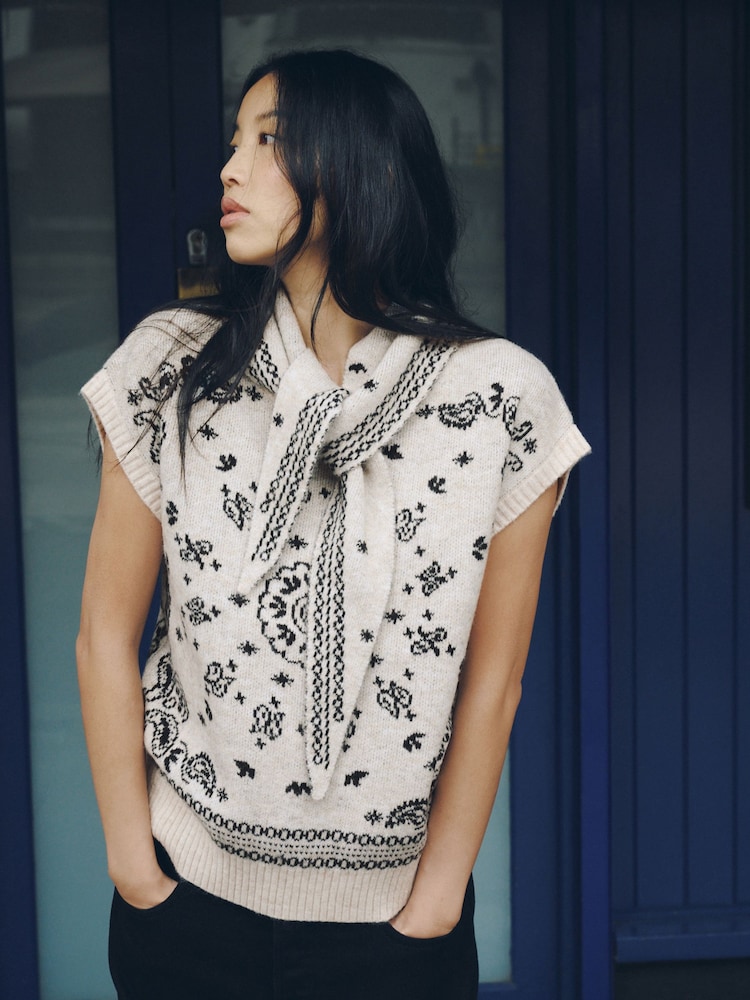Monochrome Bandana Print Tie Neck Knitted Tank Top - Image 1 of 8