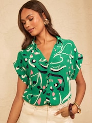 Love & Roses Green Printed Petite Roll Sleeve Button Down Shirt - Image 1 of 4