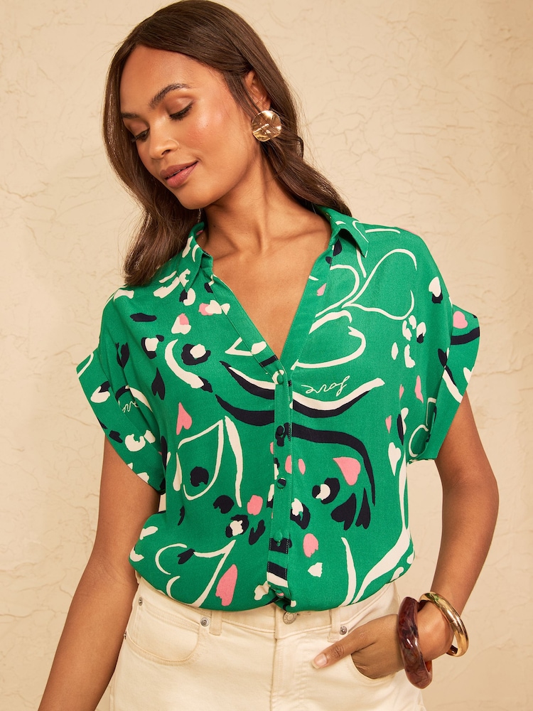 Love & Roses Green Printed Petite Roll Sleeve Button Down Shirt - Image 1 of 4